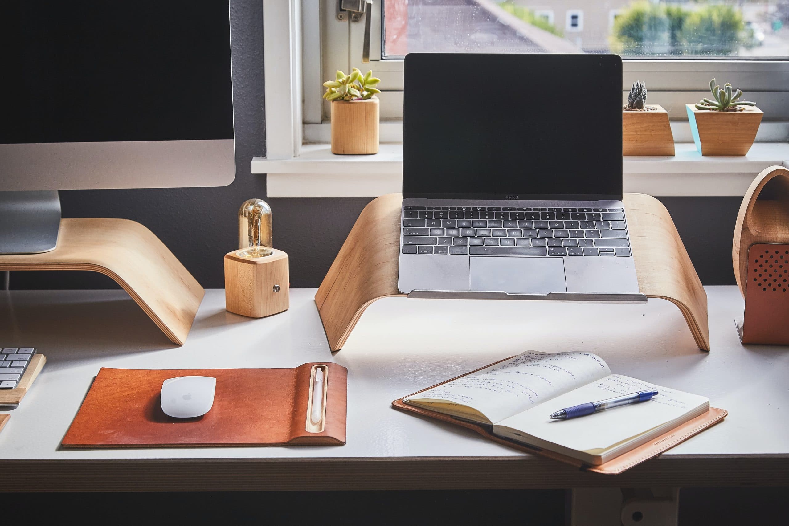 a computer and laptop setup